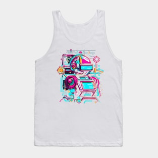 A piece that incorporates both retro and futuristic elements, such as robots and neon colors with a vintage twist. Tank Top